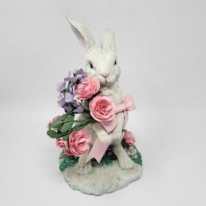 Vtg White Ceramic Bunny Figurine w Pink and Purple Paper Flowers 11" Spring